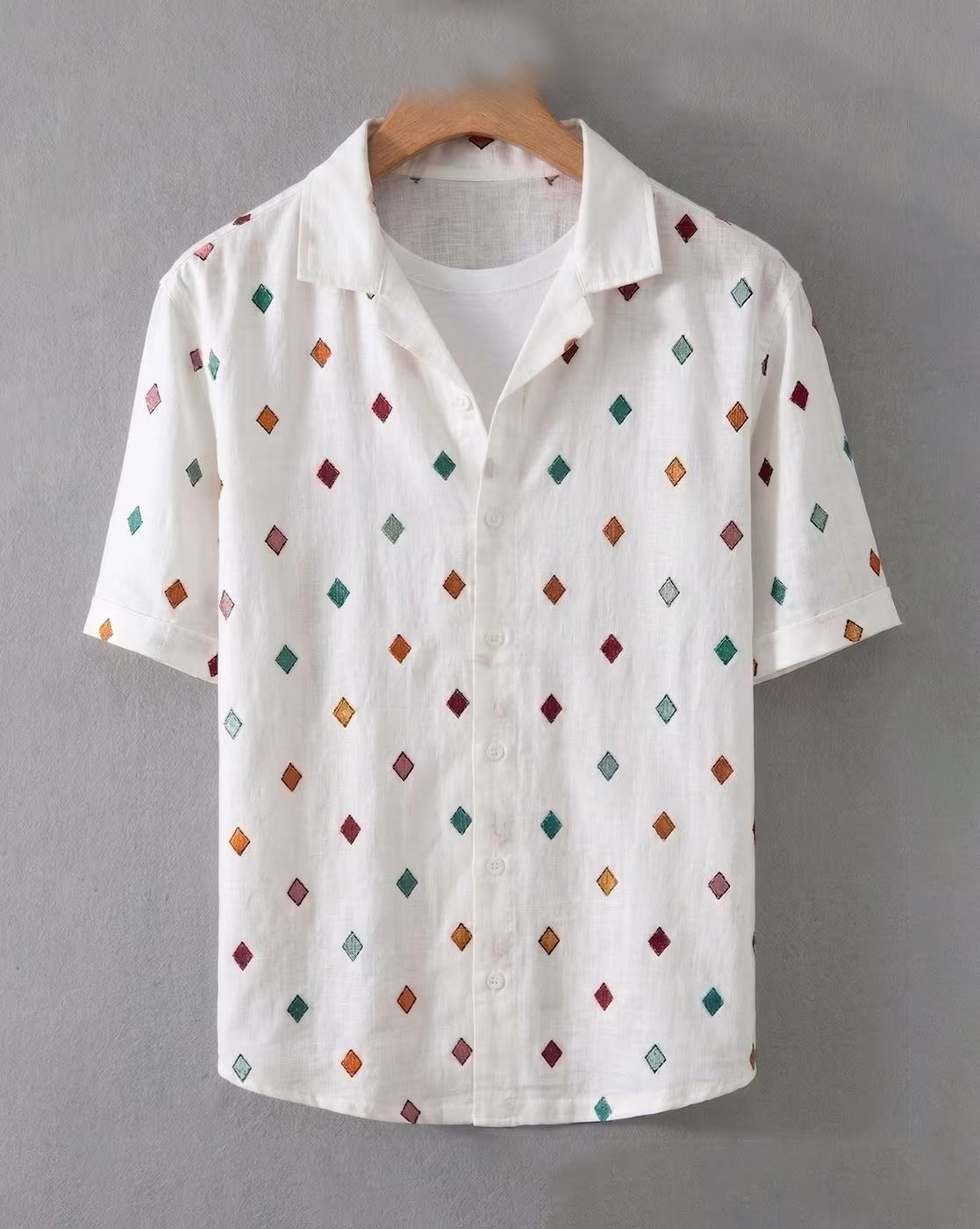 Oxfordlane Men's Premium White Diamond Printed Casual Shirt | Half Sleeve Regular Fit Summer Vacation Shirt
